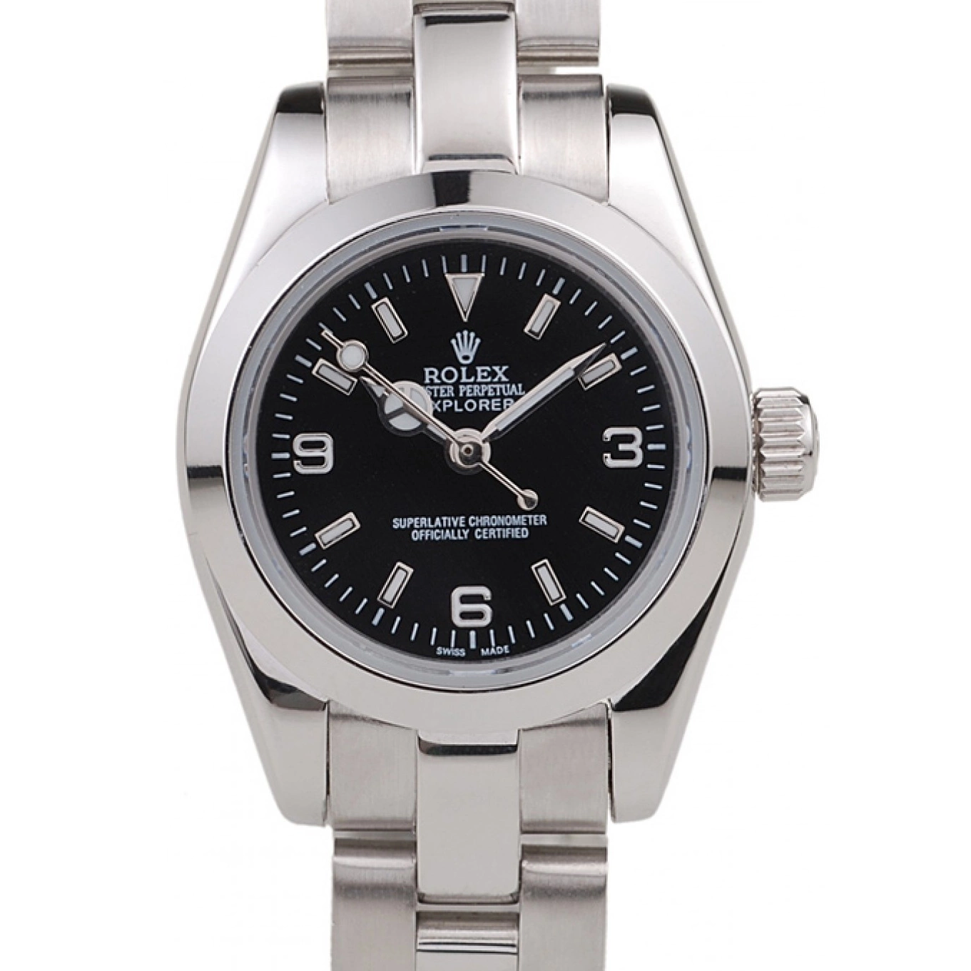 Stainless Explorer Polished Black 98089 Dial Steel Rolex 0706